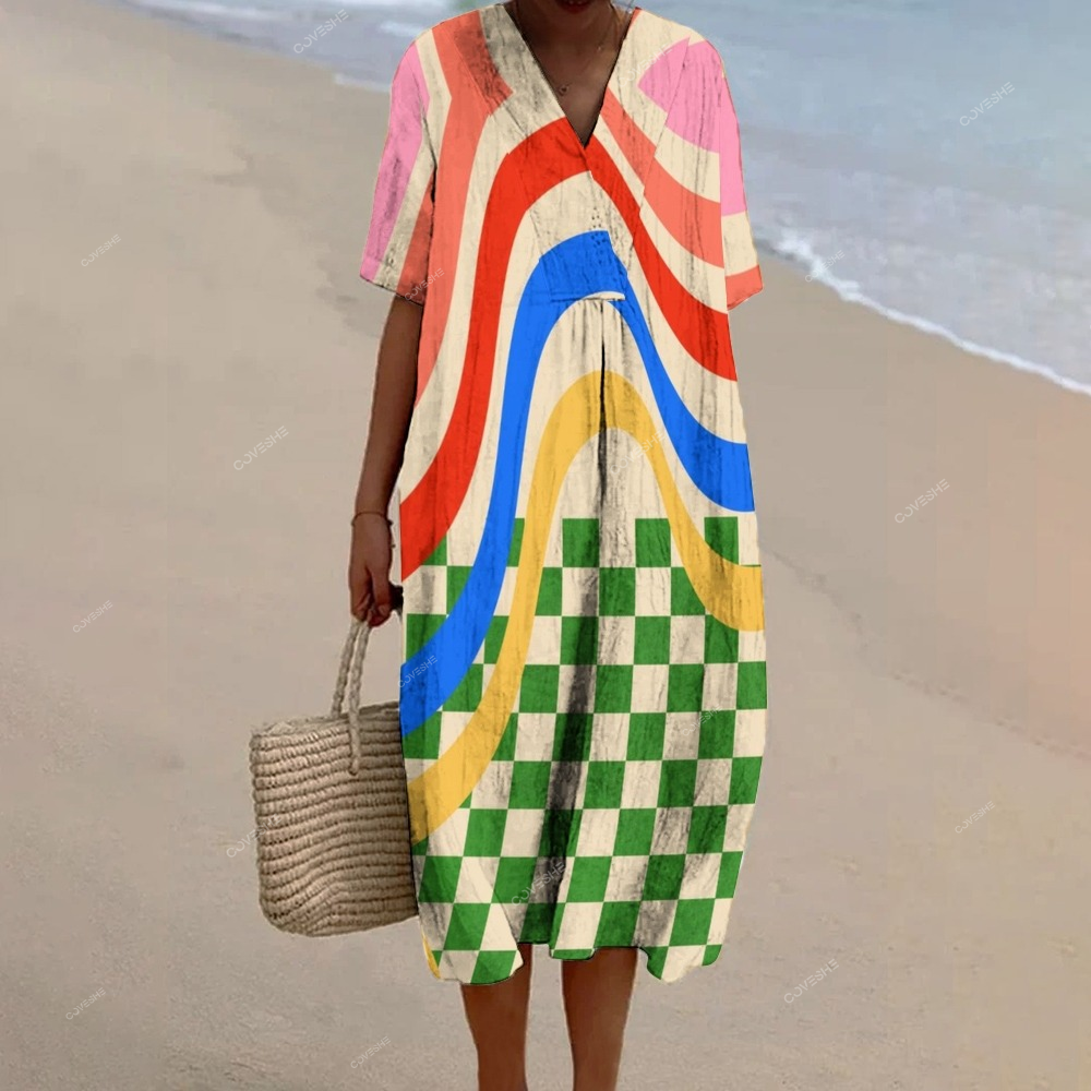 Women's Abstract Plaid Printed Flowy Dress