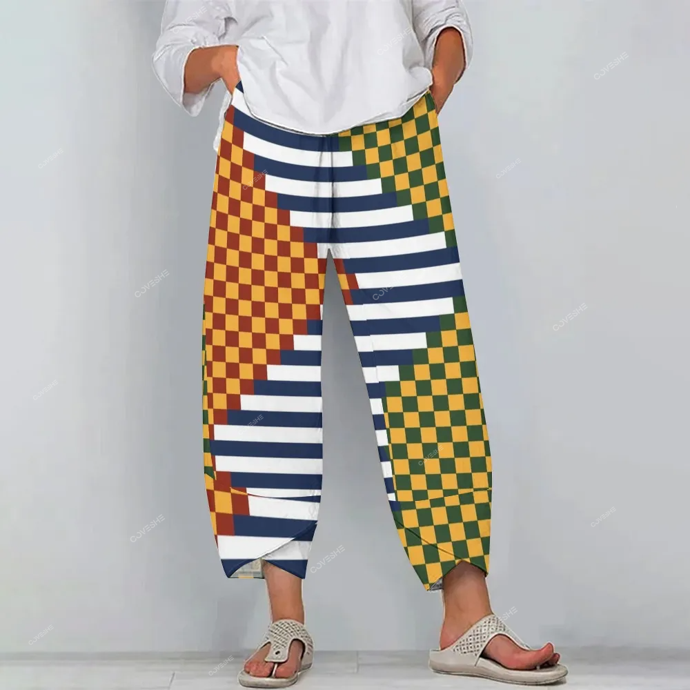 Women's Casual Checks And Stripes Printed Pants