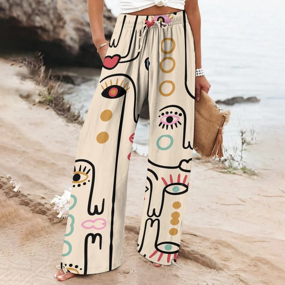 Women's Wide Leg Casual Artistic Face Printed Pants