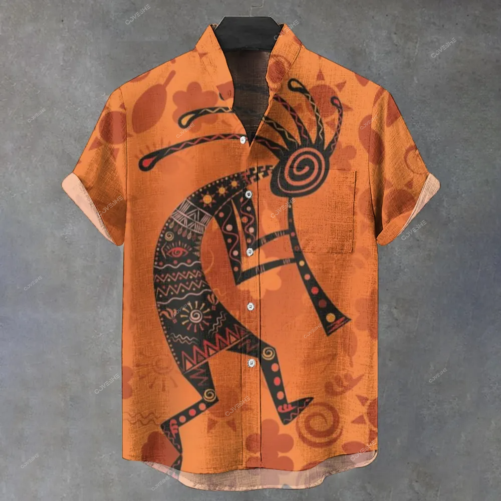 Men's Stand Collar Vintage Ethnic Kokopelli Art Print Short Sleeve Shirt
