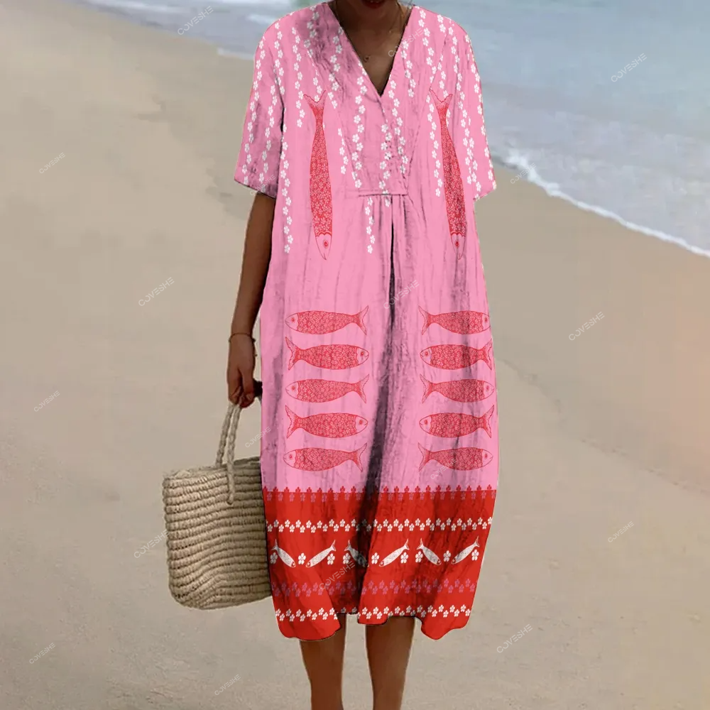 Women's Vintage Fish Printed Flowy Dress