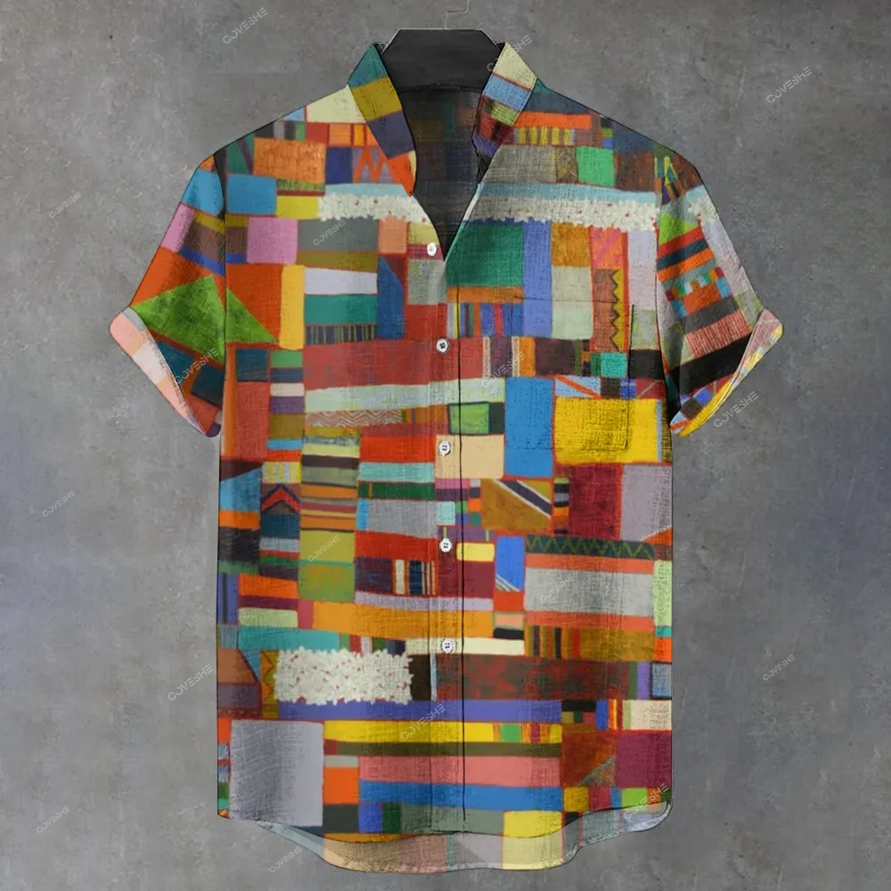 Men's Stand Collar Vintage Geometric Printed Short Sleeve Shirt