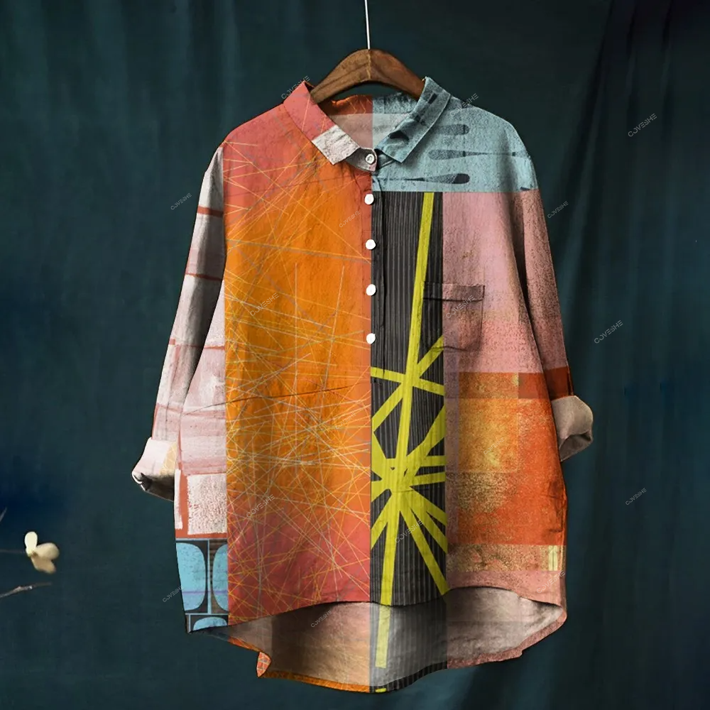 Women's Abstract Geometric Splicing Printed Casual Shirt
