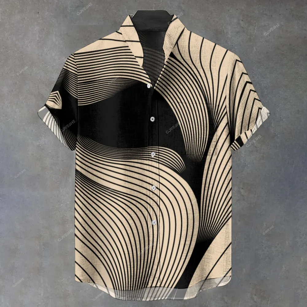 Men's Stand Collar Abstract Stripe Printed Short Sleeve Shirt