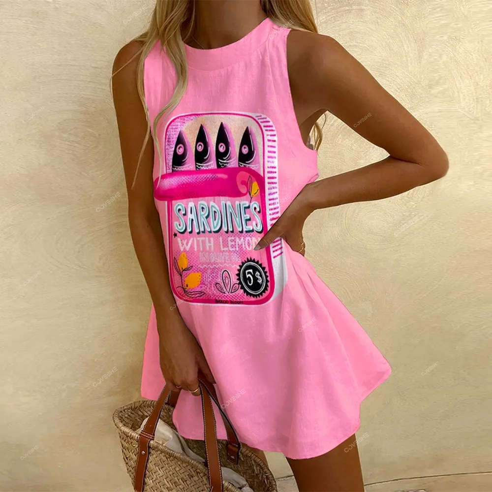 Women's Sleeveless Canned Sardines Printed Dress