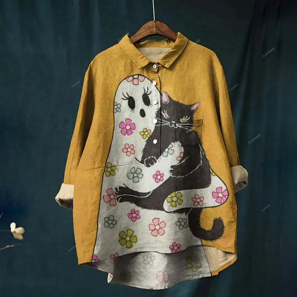 Women's Fun Ghost Cat Printed Casual Shirt