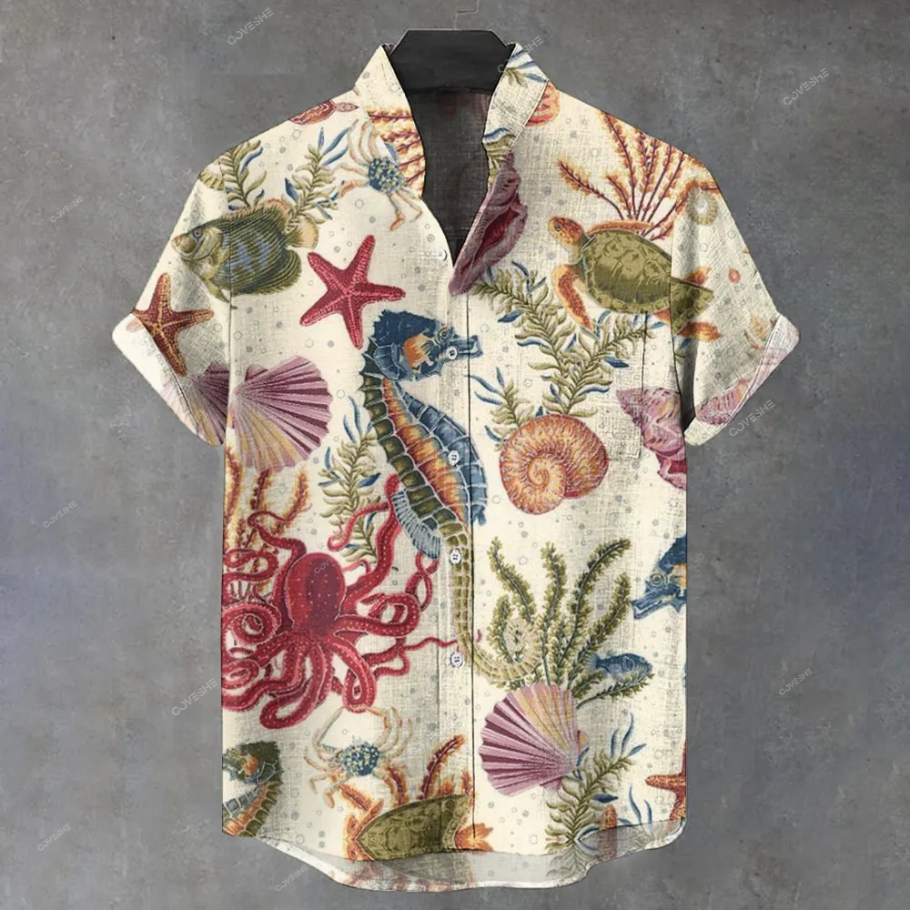 Men's Stand Collar Printed Short Sleeve Shirt