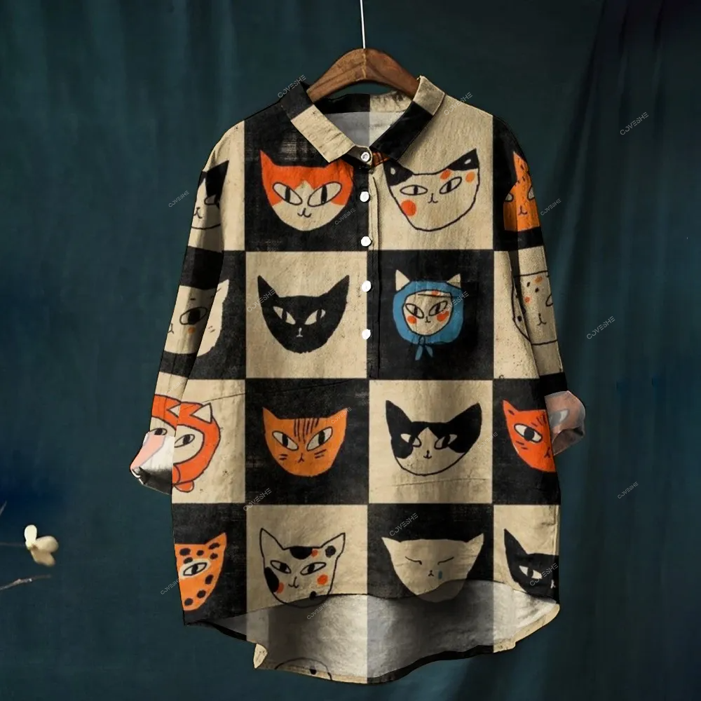 Women's Cartoon Cat Colorblock Printed Casual Shirt