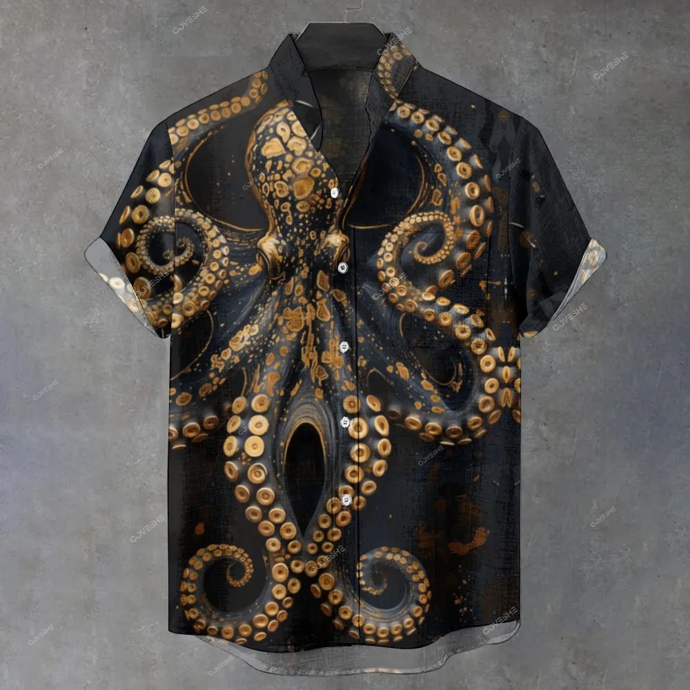 Men's Stand Collar Vintage Fish Octopus Art Print Casual Shirt
