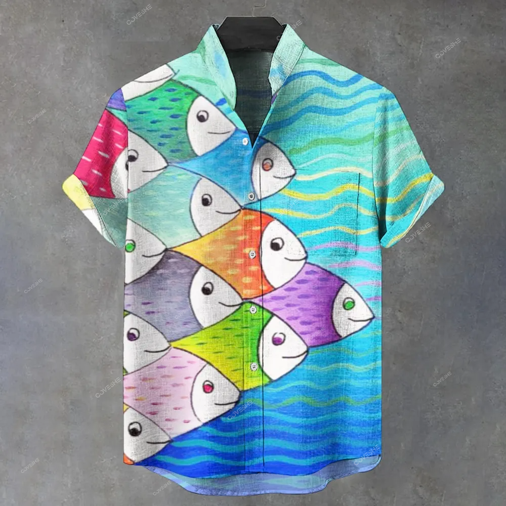 Men's Stand Collar Art Fish Printed Short Sleeve Shirt