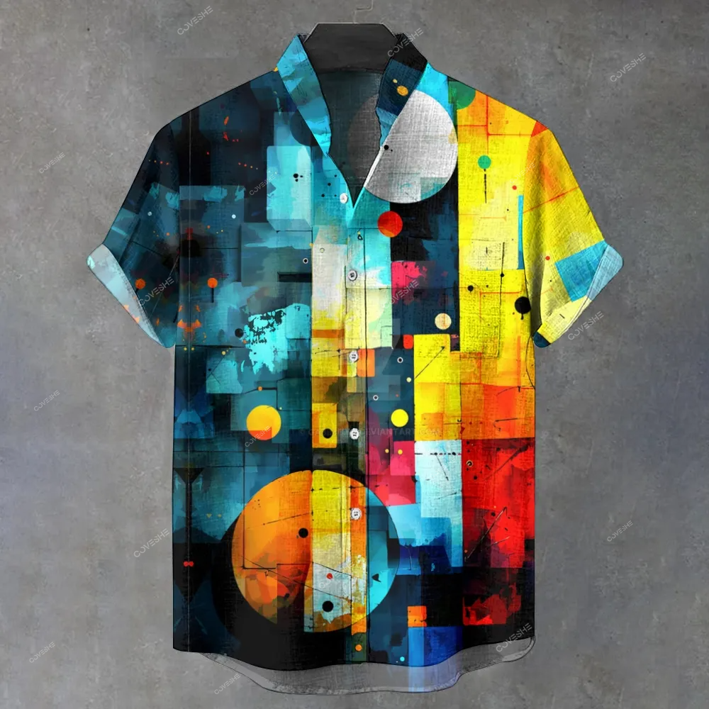Men's Stand Collar Colorful Creative Irregular Geometry Vintage Print Casual Shirt