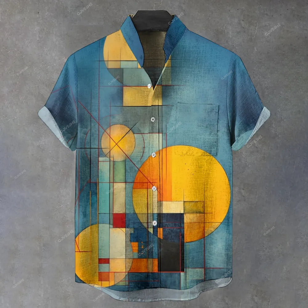Men's Stand Collar Colorful Creative Irregular Geometry Printed Short Sleeve Shirt