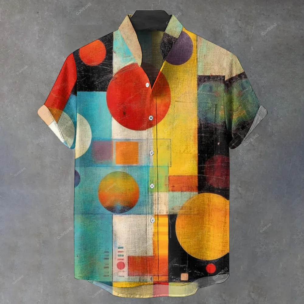 Men's Stand Collar Colorful Creative Irregular Geometry Printed Short Sleeve Shirt