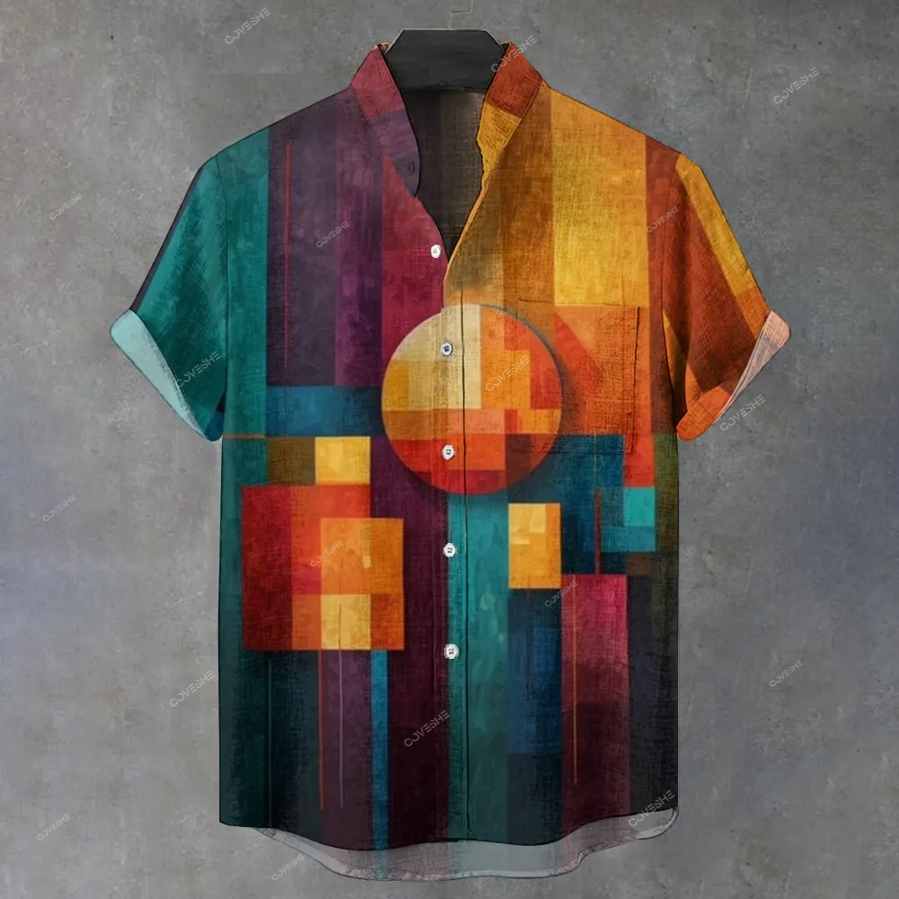 Men's Stand Collar Colorful Creative Irregular Geometry Printed Short Sleeve Shirt