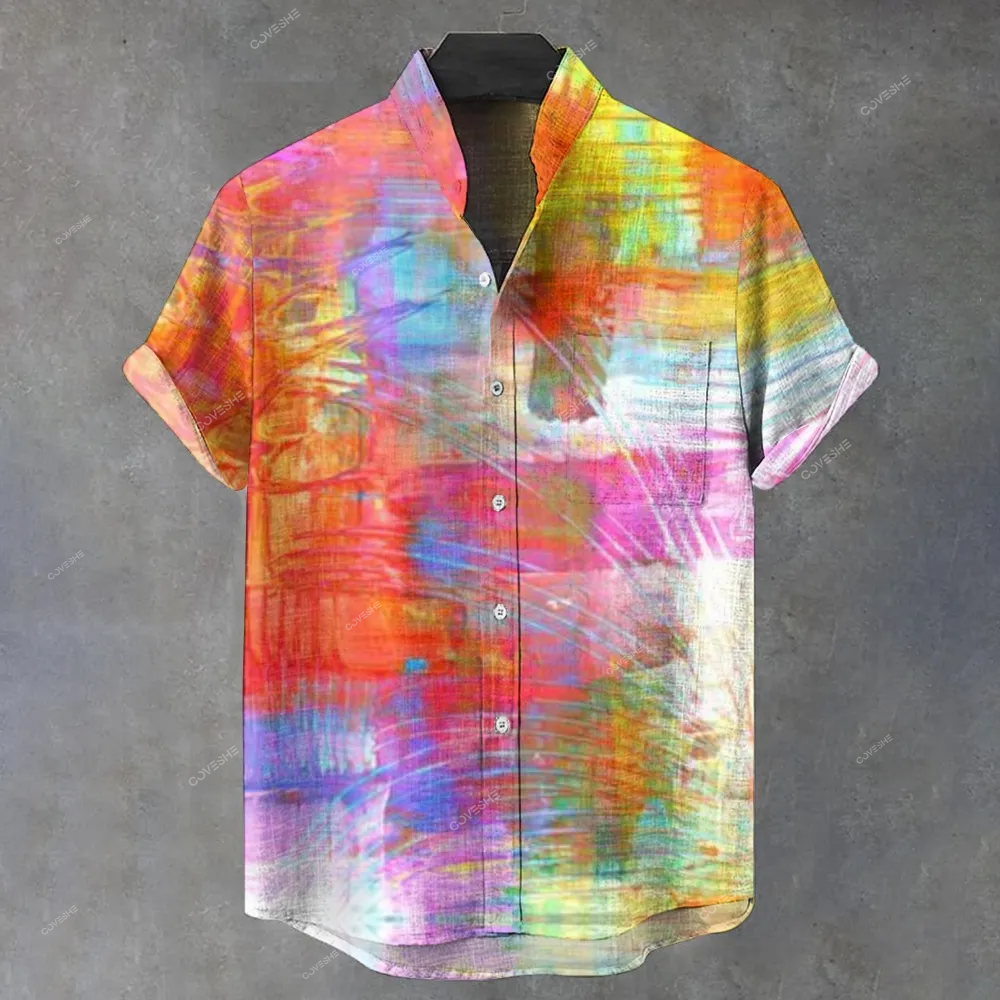 Men's Stand Collar Retro Color Printed Short Sleeve Shirt