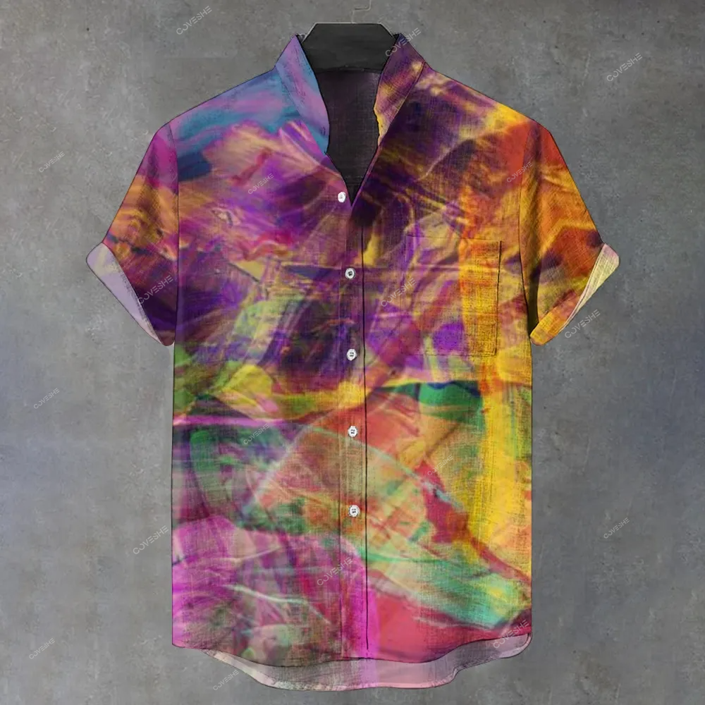 Men's Stand Collar Retro Color Printed Short Sleeve Shirt