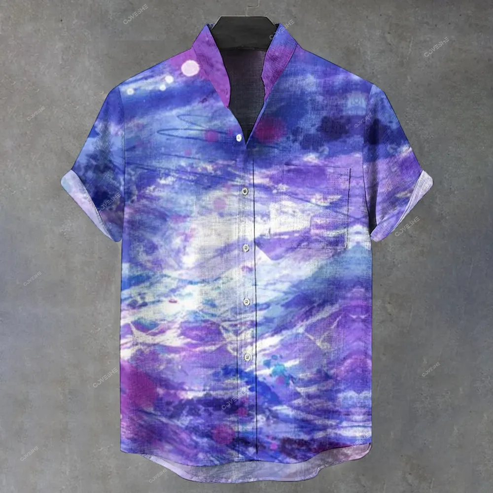 Men's Stand Collar Retro Color Printed Short Sleeve Shirt