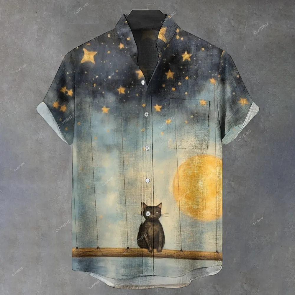Men's Stand Collar Cat Swinging Under The Stars Printed Short Sleeve Shirt