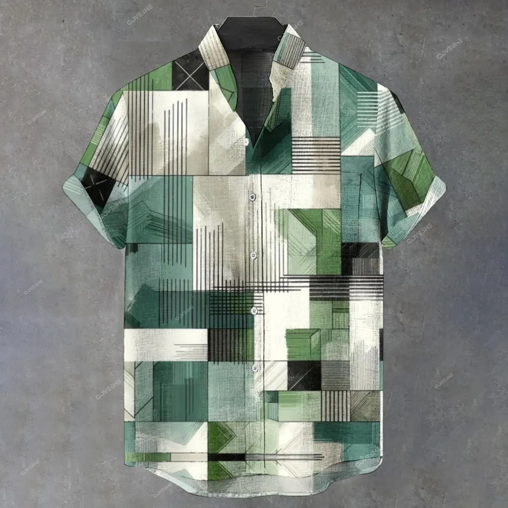 Men's Stand Collar Printed Short Sleeve Shirt 2409006065