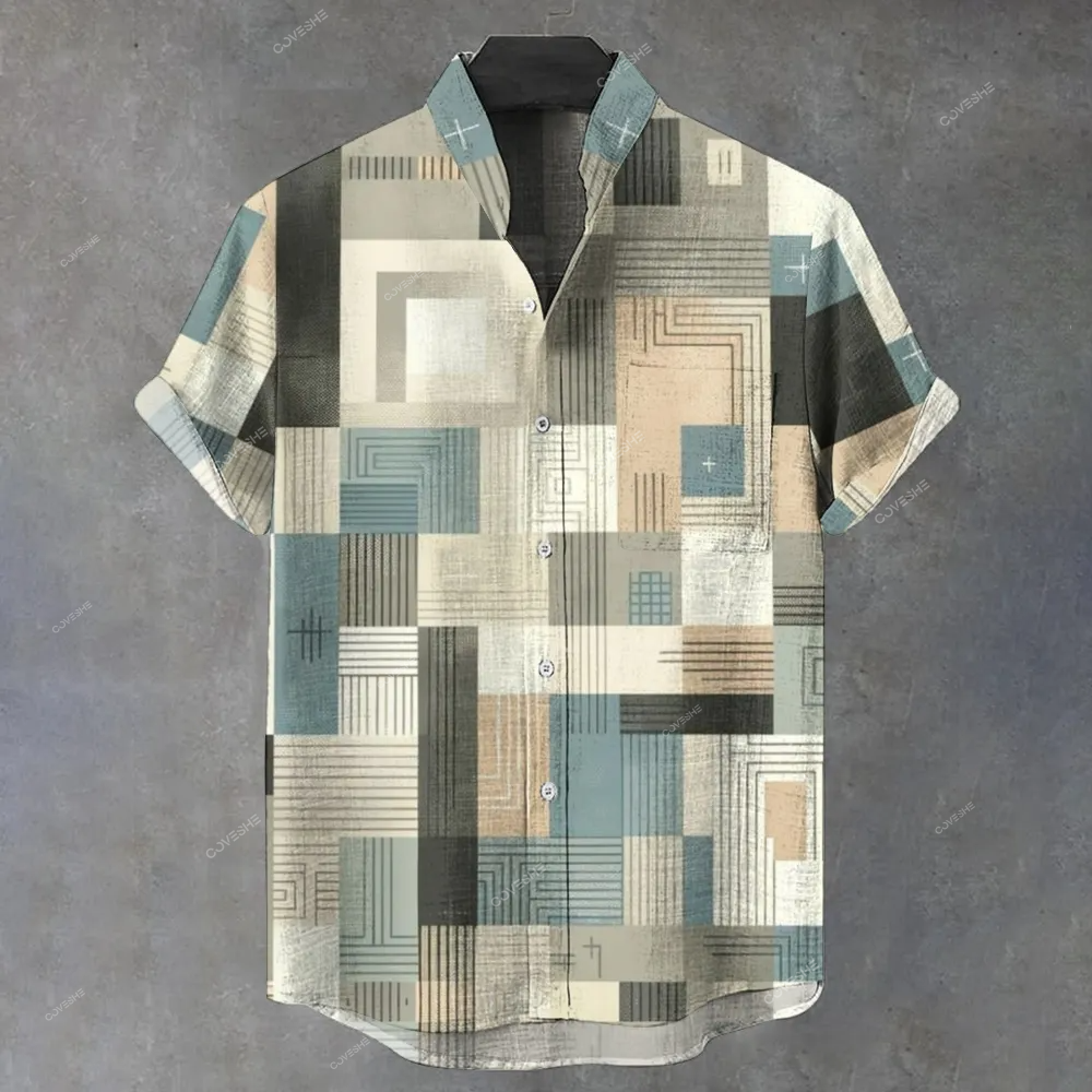 Men's Stand Collar Printed Short Sleeve Shirt 2409006068