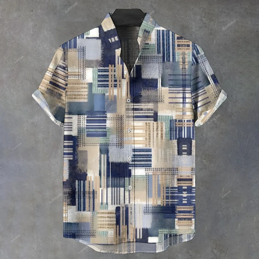 Men's Stand Collar Printed Short Sleeve Shirt 2409006073