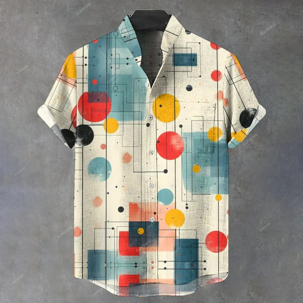 Men's Stand Collar Printed Short Sleeve Shirt 2409006083