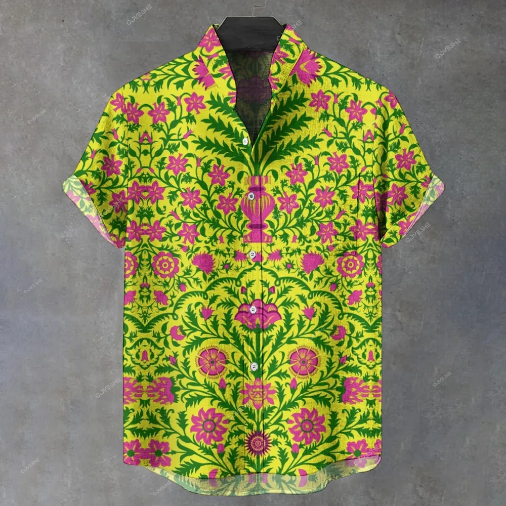 Men's Stand Collar Printed Short Sleeve Shirt 2409006218