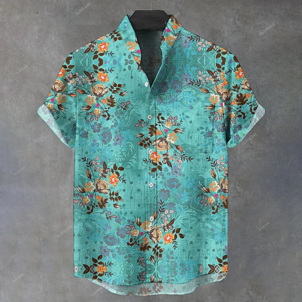 Men's Stand Collar Printed Short Sleeve Shirt 2409006248