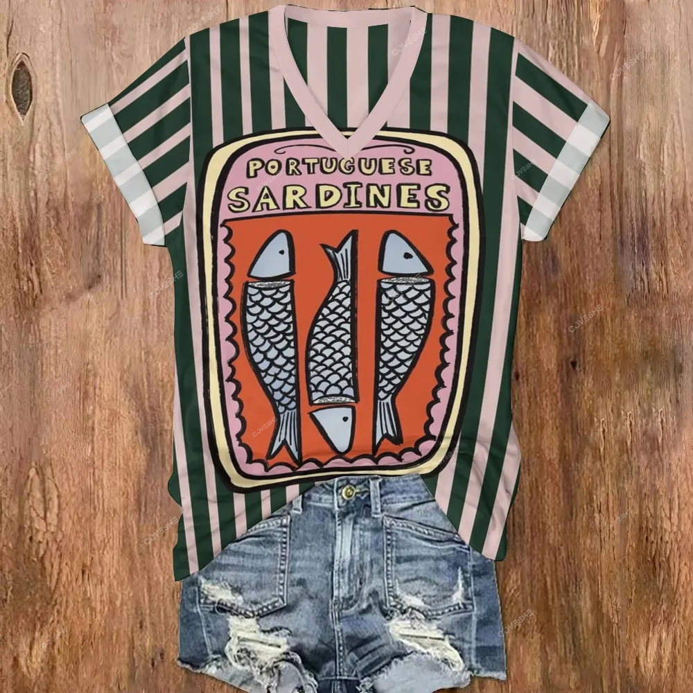 V-neck Striped Sardines Printed Casual T-shirt