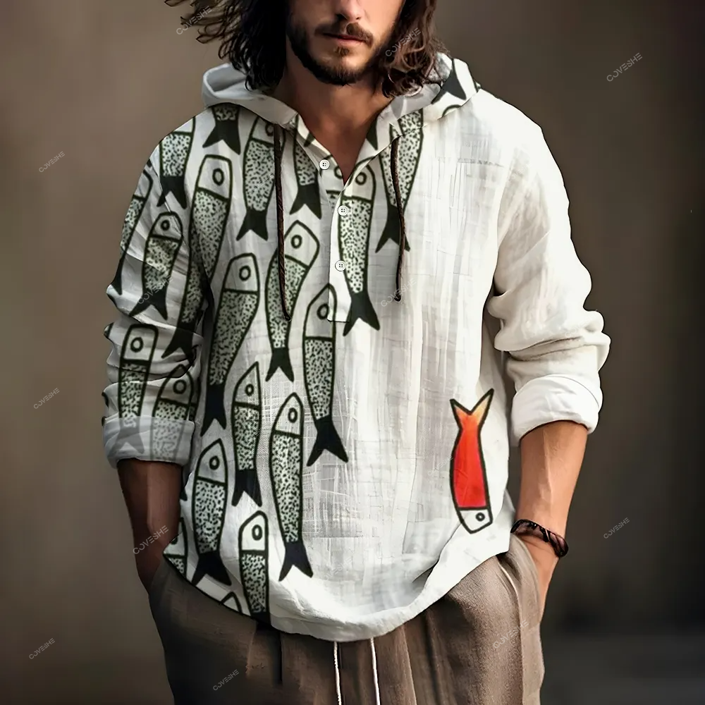 Men'sHooded Half-open Japanese Sardine Fish Printed Long-sleeved Shirt