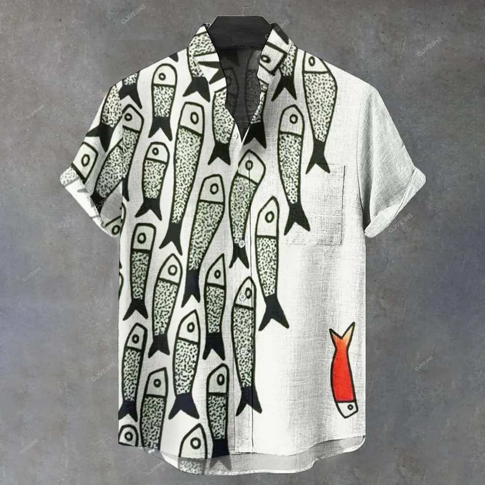 Men's Stand Collar Japanese Fish Printed Short Sleeve Shirt