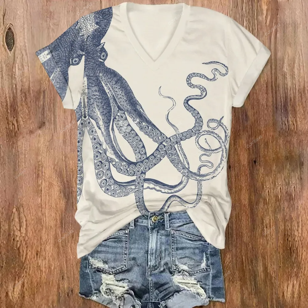 V-neck Octopus Printed Casual T-shirt