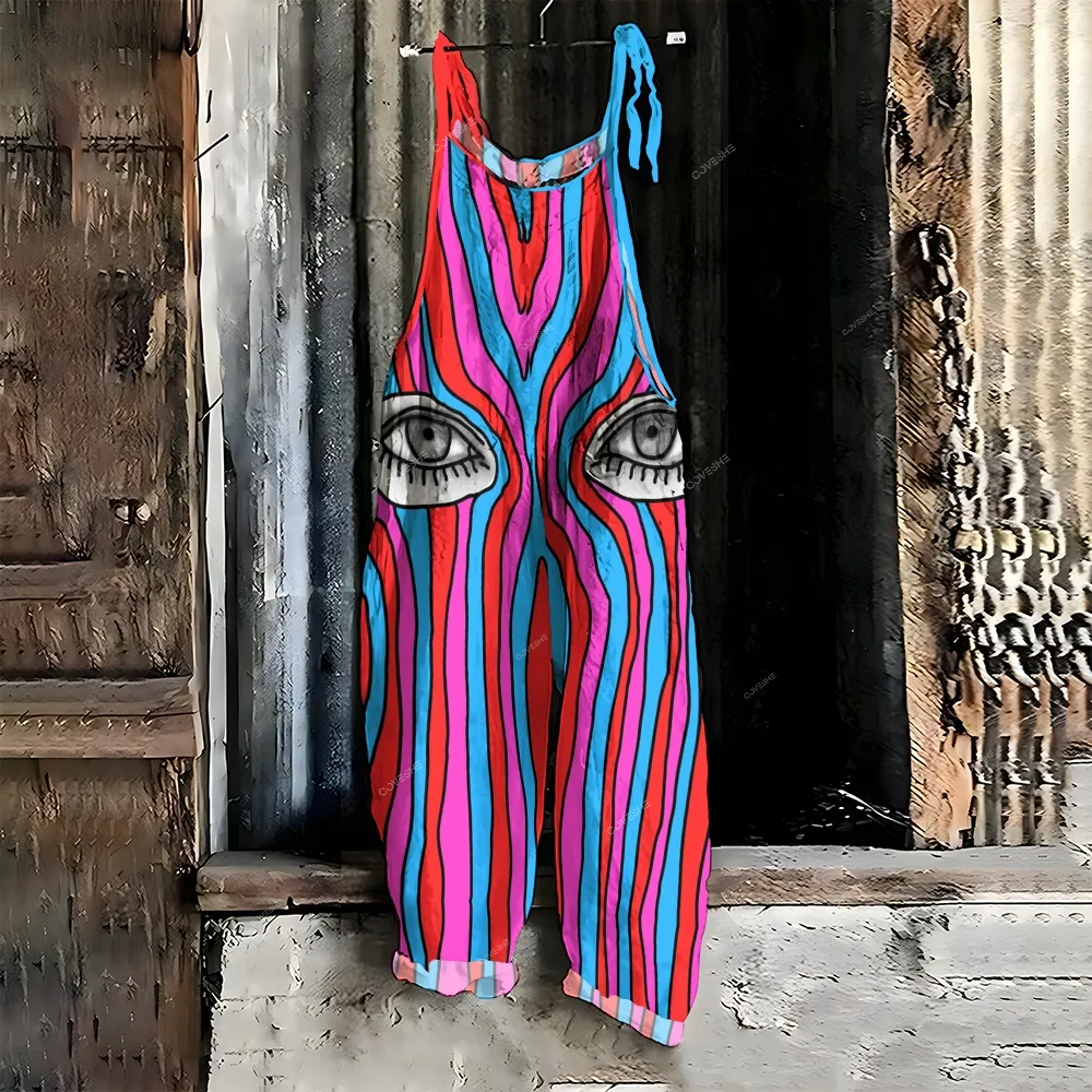 Women's Casual Striped Art Eyes Printed Jumpsuit