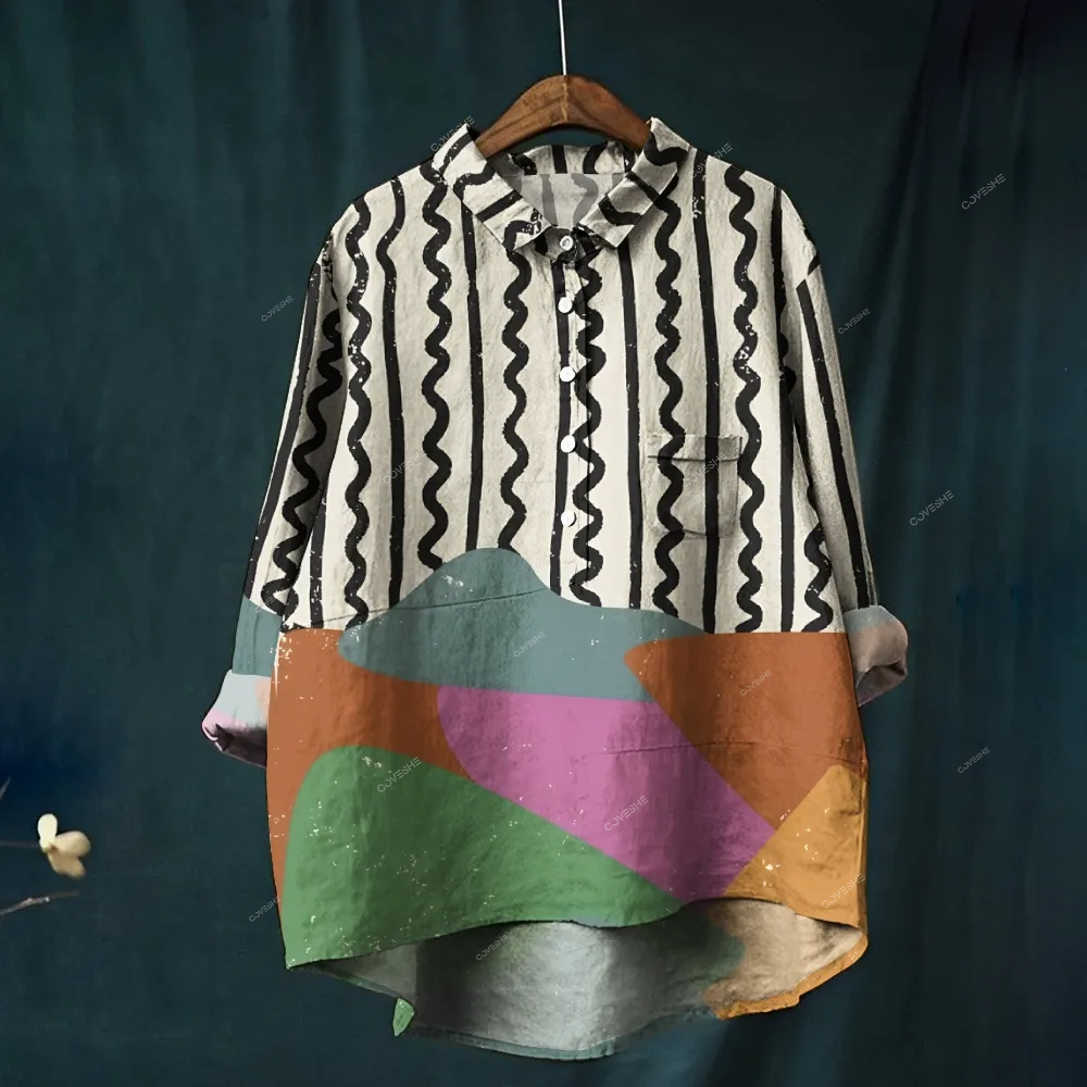 Women's Geometric Striped Color Block Printed Casual Shirt