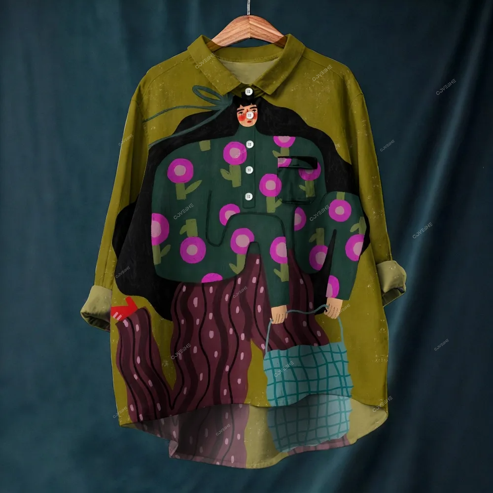 Women's Artistic Portrait Printed Long Sleeve Casual Shirt