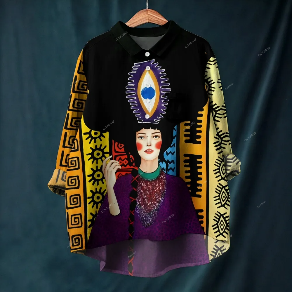 Women's Artistic Portrait Printed Long Sleeve Casual Shirt