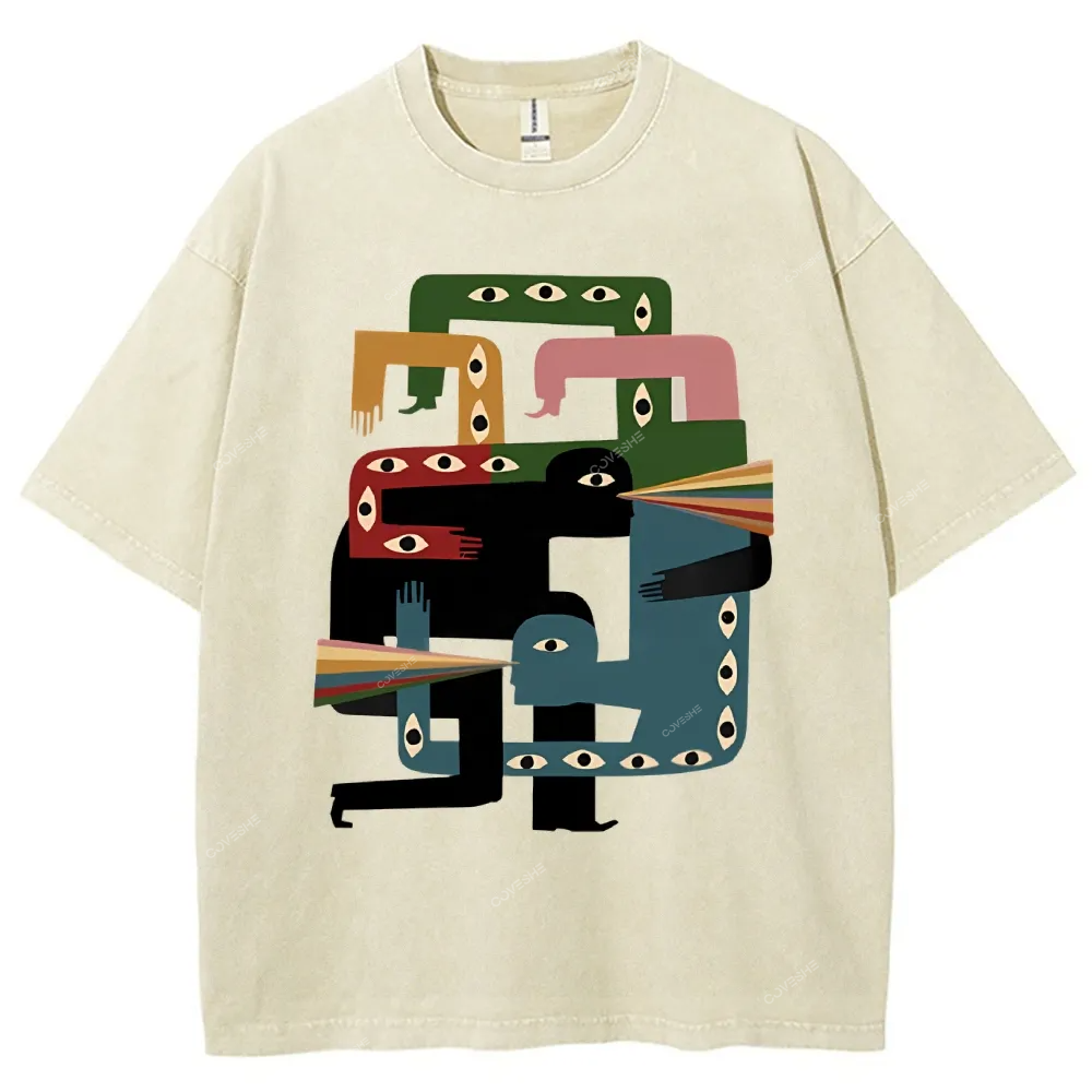 Unisex Abstract Body Eyes Art Printed Washed Tee