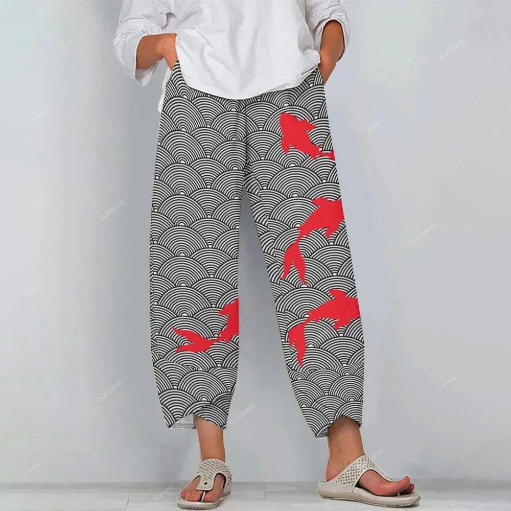 Women's Casual Japanese Fish wave Pattern Printed Pants