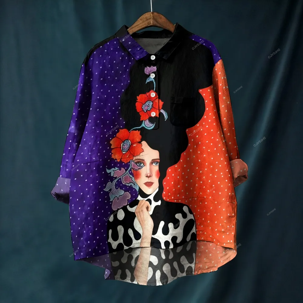 Women's Artistic Portrait Printed Casual Long Sleeve Shirt