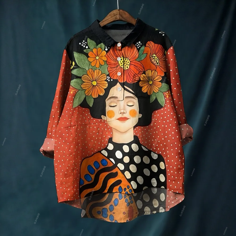 Women's Artistic Portrait Printed Casual Long Sleeve Shirt
