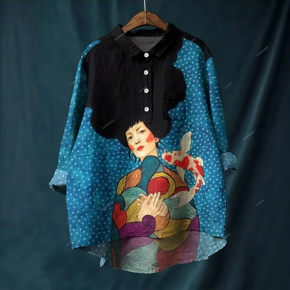 Women's Artistic Portrait Printed Casual Long Sleeve Shirt