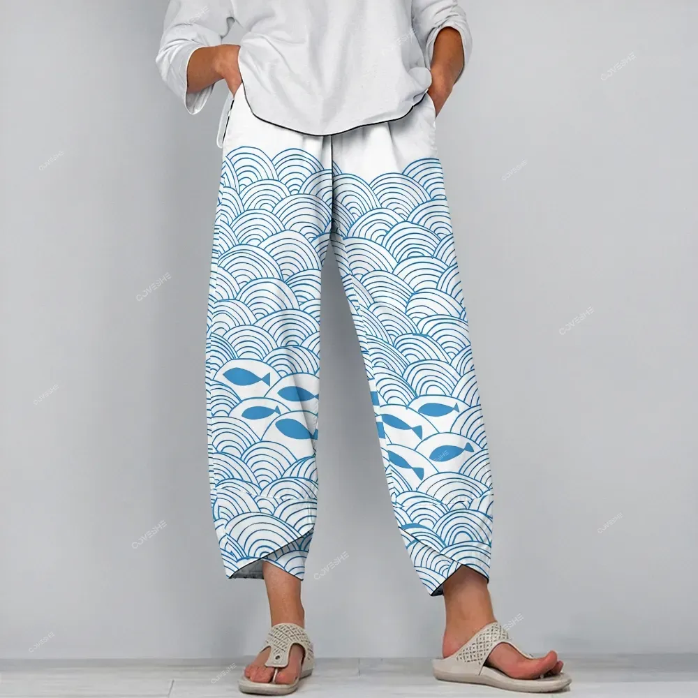 Women's Casual Waves Fish Printed Wide Leg Pants