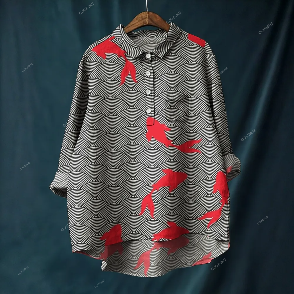 Women's Waves Fish Printed Casual Long Sleeve Shirt