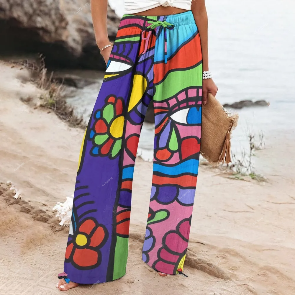Women's Wide Leg Casual Abstract Art Face Printed Pants
