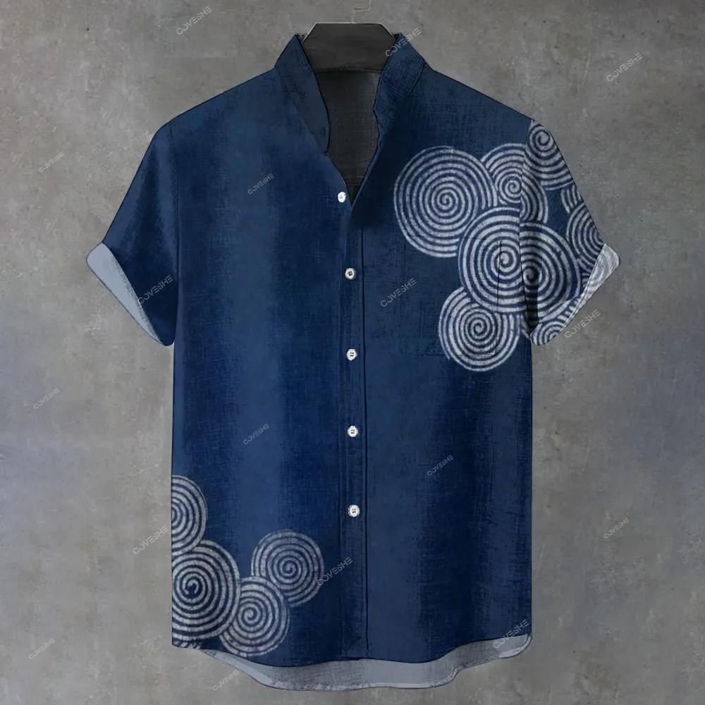 Men's Stand Collar Geometric Circle Printed Short Sleeve Shirt