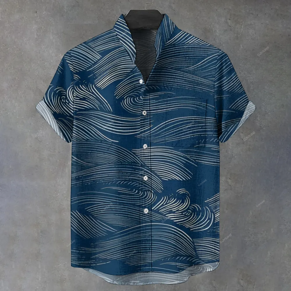 Men's Stand Collar Vintage Waves Printed Short Sleeve Shirt