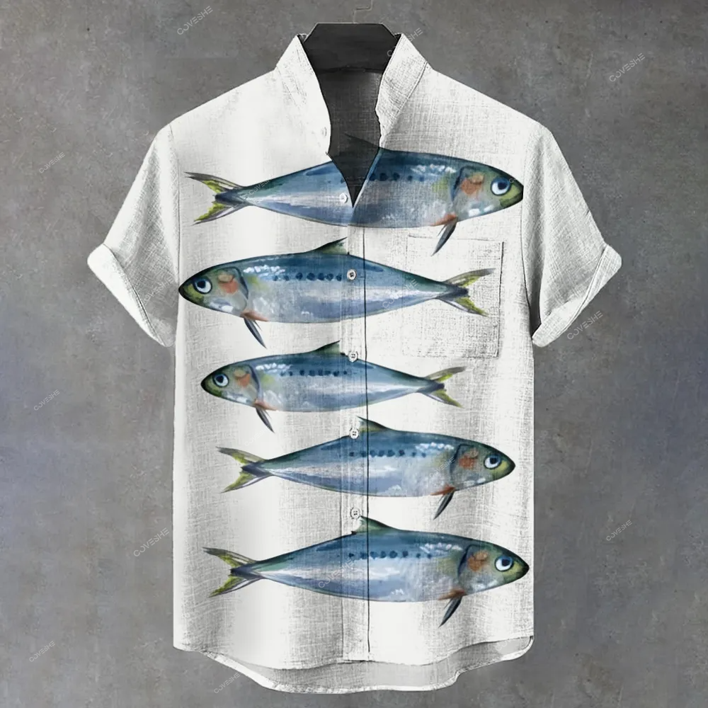 Men's Stand Collar Fish Printed Short Sleeve Shirt