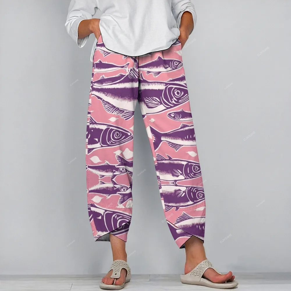 Women's Casual Pink Sardines Printed Pants