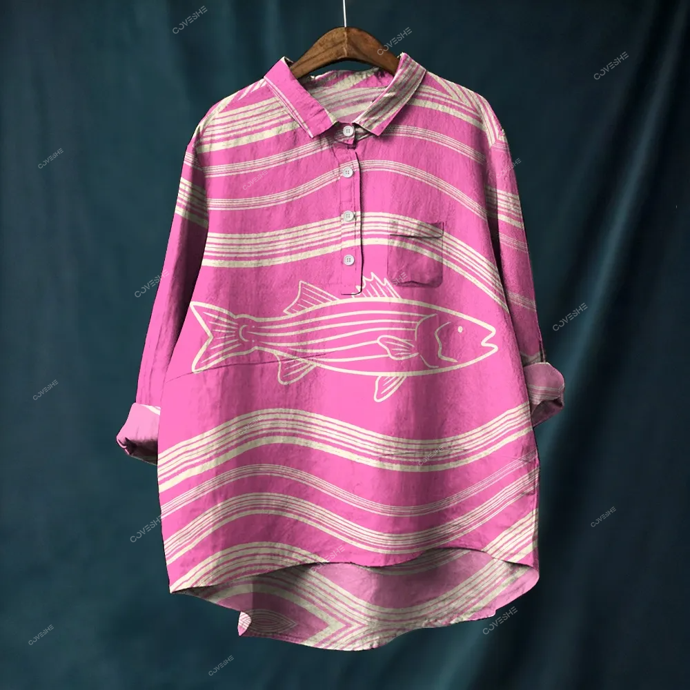 Women's Striped Fish Printed Casual Long Sleeve Shirt