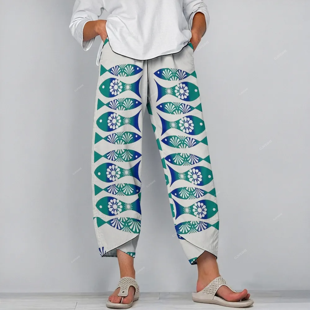 Women's Casual Japanese Flower Fish Printed Pants